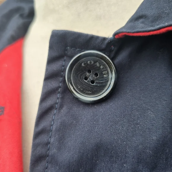 Coach Red Navy Hooded Trench Coat Women’s Medium Colorblock Button Front - Picture 7 of 9